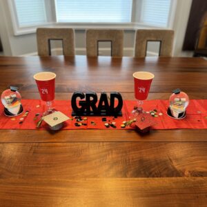 High School, College, Elementary, Pre-k, Graduation tableskit, Red colorful table runner with a sign that says "Grad"